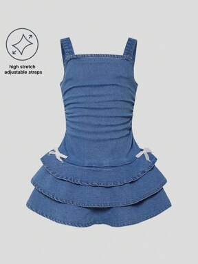 DENIMLY YOUNG GIRLS Y2K HIGH STRETCH BOW KNOT DRESS WITH STRAPS AND 3 LAYERS .Y2K AND CHIC
