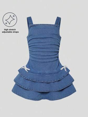 DENIMLY 年轻女孩 Y2K 高弹力蝴蝶结连衣裙，带肩带和 3 层。Y2K 和时尚