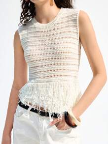 LYSMO Women's Spring/Summer Sleeveless Mesh Crochet Patchwork Tassel Knit Vest, Casual Resort, Retro Leisure - Beige - View 6