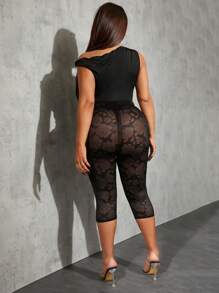 SHEIN SXY Plus Size Sheer Floral Print Capri Leggings: Black Knitted Fabric For A Chic Look - Black - View 2