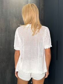 SHEIN EZwear Women's Solid Color Single-Breasted Hollow Out Short Sleeve Casual Knitted Top - White - View 2