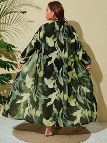 SHEIN VCAY 大码女式随机印花长袖宽松开衫 - 綠色 - 查看 2