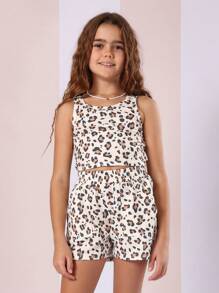 SUMWON Conjunto de dos piezas de verano a juego con estampado de leopardo que incluye top de tirantes y shorts de cintura alta sin mangas para usar en vacaciones y playa