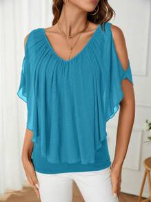 SHEIN Clasi Women's Casual Solid Color Open Shoulder 2 In 1 T-Shirt, Summer - Teal Blue - View 2