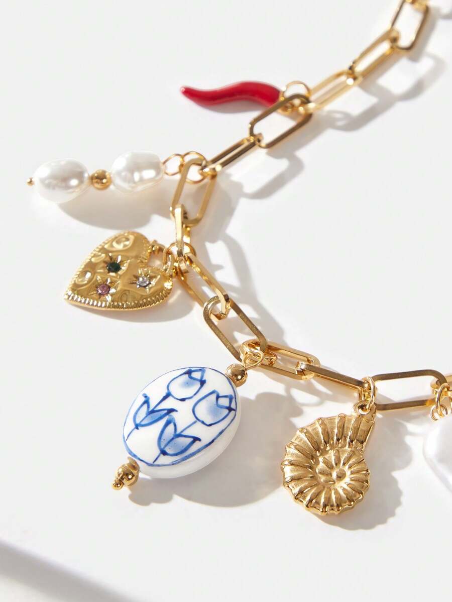 Maija 时尚花卉、胡椒、贝壳、心形吊坠锁骨链