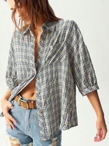 Bohemela Casual Woven Plaid Short Sleeve Loose Fit Blouse For Women