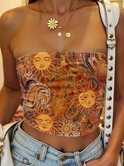 Veykashi Top Vintage Casual Feminina com Estampa de Paisley, Ajuste Justo, Adequada para Verão, Festival de Música, Férias