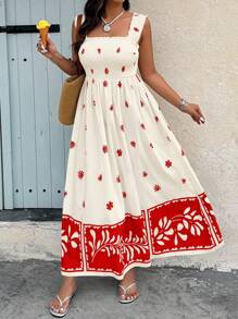SHEIN Holidaya Plus Size Women's Boho Maxi Dress: Sleeveless Shirred Bodice, Red And White Floral Print, Flared Hem For Summer - Multicolor - View 5