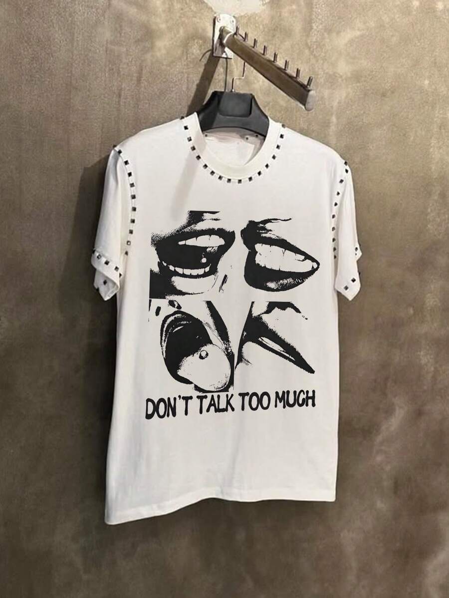 Manfinity Dauomo Camiseta de hombre, no hablar demasiado Estampado con marca de agua, Proceso de bordado de computadora, Camiseta de hombre de cuello redondo de manga corta, Diseño con sentido de la camiseta de hombre - Blanco - Ver 1