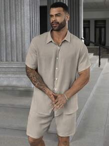Manfinity Homme 2 件套男士大码休闲纯色短袖衬衫和短裤
