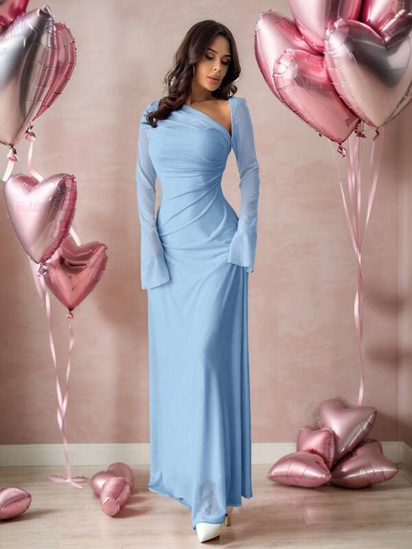Firerie Damen Rosa asymmetrisches Schulter Mesh Langarm Kleid, elegant für Arbeit, Party, Urlaub, Frühling/Sommer/Herbst