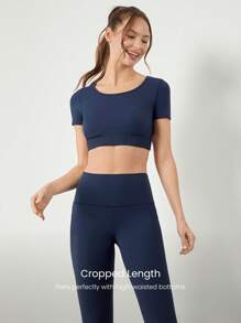 GLOWMODE Áo thun ngắn tay năng động Carefree Crossover Back Croptop không đường may, mặc thường ngày, có thể tháo rời cúp ngực - Màu xanh lam - Xem 2