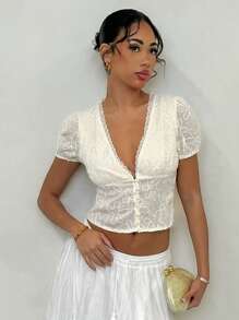 Glamine 女士优雅休闲舒适花卉刺绣 V 领纯色衬衫，适合度假、春夏、复活节、毕业典礼、夏季、春季、乡村音乐会、俱乐部性感、度假 - 杏色 - 查看 6