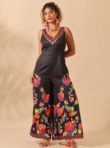 SHEIN Clasi Flowers Birds Plus Size Women Botanical Print V-Neck Sleeveless Wide Leg Jumpsuit - Multicolor - View 3