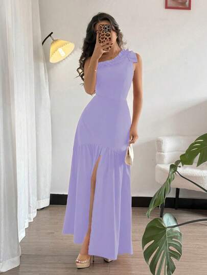 Rafferiza 女士长款荷叶边不对称领口收腰喇叭形浪漫优雅红色连衣裙