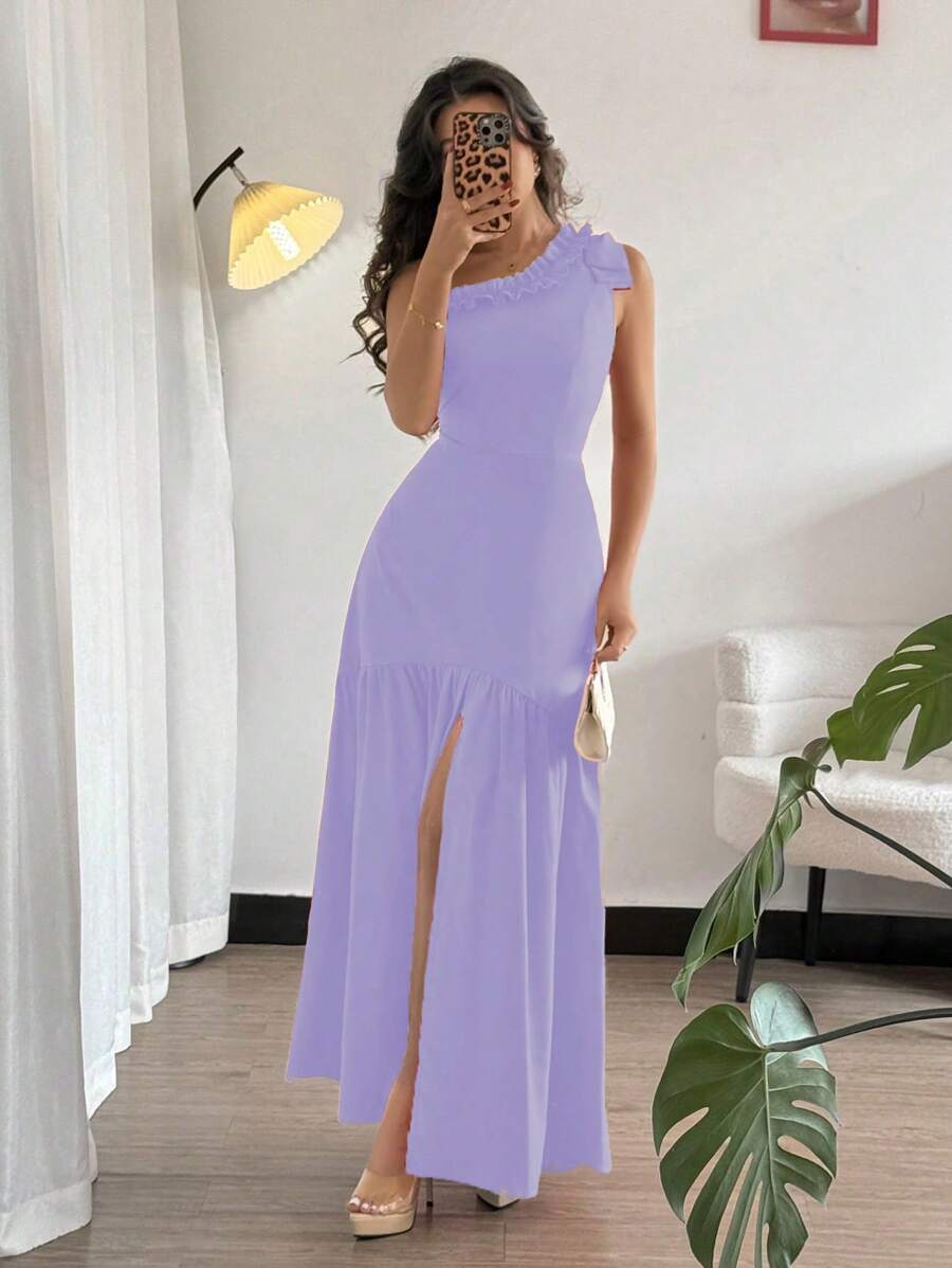 Rafferiza 女士长款荷叶边不对称领口收腰喇叭形浪漫优雅红色连衣裙 - 紫色 - 查看 1