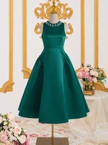 Váy không tay đính ngọc trai cổ satin cho bé gái tuổi teen - Màu xanh lá cây đậm - Xem 1