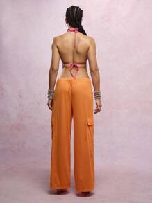 SUMWON WOMEN Beach Cover Up Mesh Cargo Pants Wide Leg Drawstring Waist Summer Vacation Resort Wear Pool Party Lounge Pull-On Trousers - Orange - View 2