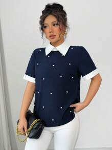 Elenzga Áo sơ mi tay ngắn đính ngọc trai đính đá màu tương phản xuân/hè dành cho nữ - Màu xanh hải quân - Xem 4