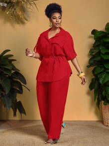 Slaydiva 大码女式优雅办公和度假胸袋抽绳腰衬衫和裤子两件套 - 紅色 - 查看 7