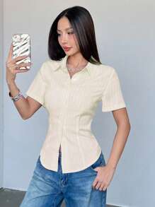 Flirla Figurbetontes, minimalistisches rosa gestreiftes Büro-Lässig-Kurzarm-Oberteil für Damen