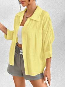 SHEIN PETITE Spring White Solid Batwing Sleeve White Shirt - Yellow - View 6