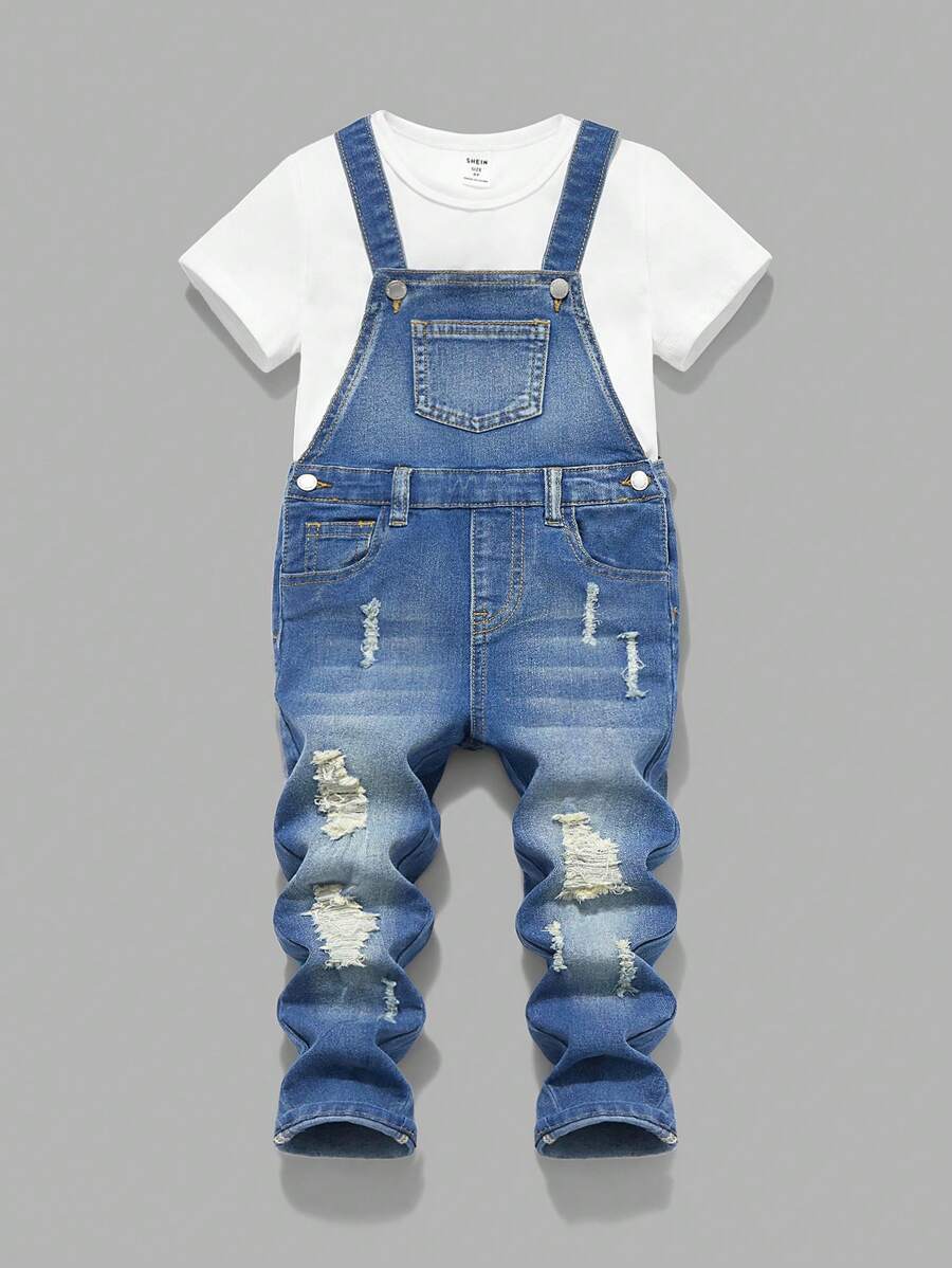 SHEIN Young Boys' Stylish Distressed Vintage Washed Ripped Skinny Blue Denim Overalls Jumpsuit,For Boys Spring Summer Clothes Daily Streetwear Outfits