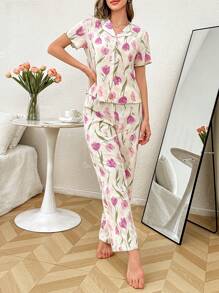 CottageSlumber Set pigiama con top a maniche corte e pantaloni, con stampa floreale, splendore floreale abbondante - Multicolore - Visualizzare 5