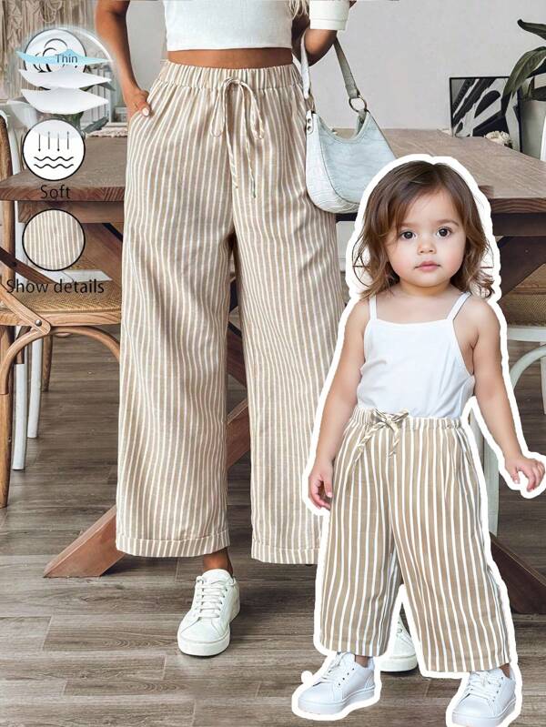 Babygirl Cute Casual Listrado Cintura Elástica Calças Compridas, Verão