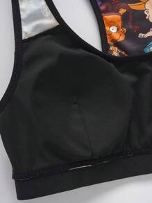 Nick 90s X SHEIN Women Black Comfy Cartoon Print Removable Soft Cup And Boyshort Panty Underwear Set, Sport,Yoga,Workout Sets Yoga Shorts