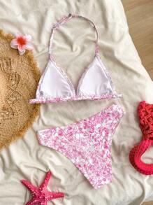 SHEIN Teen Girls Seaside Vacation Pink Floral Print Knit Halterneck V-Neck Bikini Set, Beach Outfit Bathing Suit Summer,Summer Beach