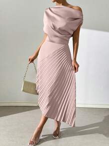 Chiquease Women's Summer Elegant Green Open Shoulder Dress With Pleated Panel Maxi Satin Women Outfit - Baby Pink - View 4