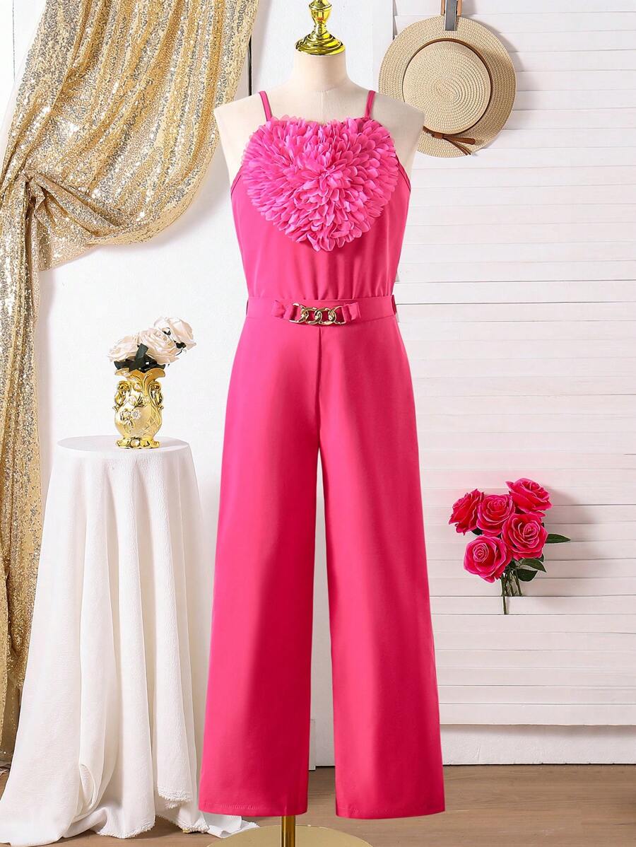 2 Stücke Set für Tween Mädchen mit elegantem herzförmigem Blumen-Rückenoberteil und Schmuckgürtel-Hose