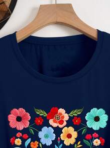 SHEIN Plus Size Round Neck Short Sleeve T-Shirt, Fashionable For Summer - Navy Blue - View 4