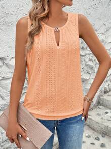 Calvaya Women's Laser Cut & Embroidery Keyhole Neck Solid Color Casual Tank Top, Summer - Orange - View 3