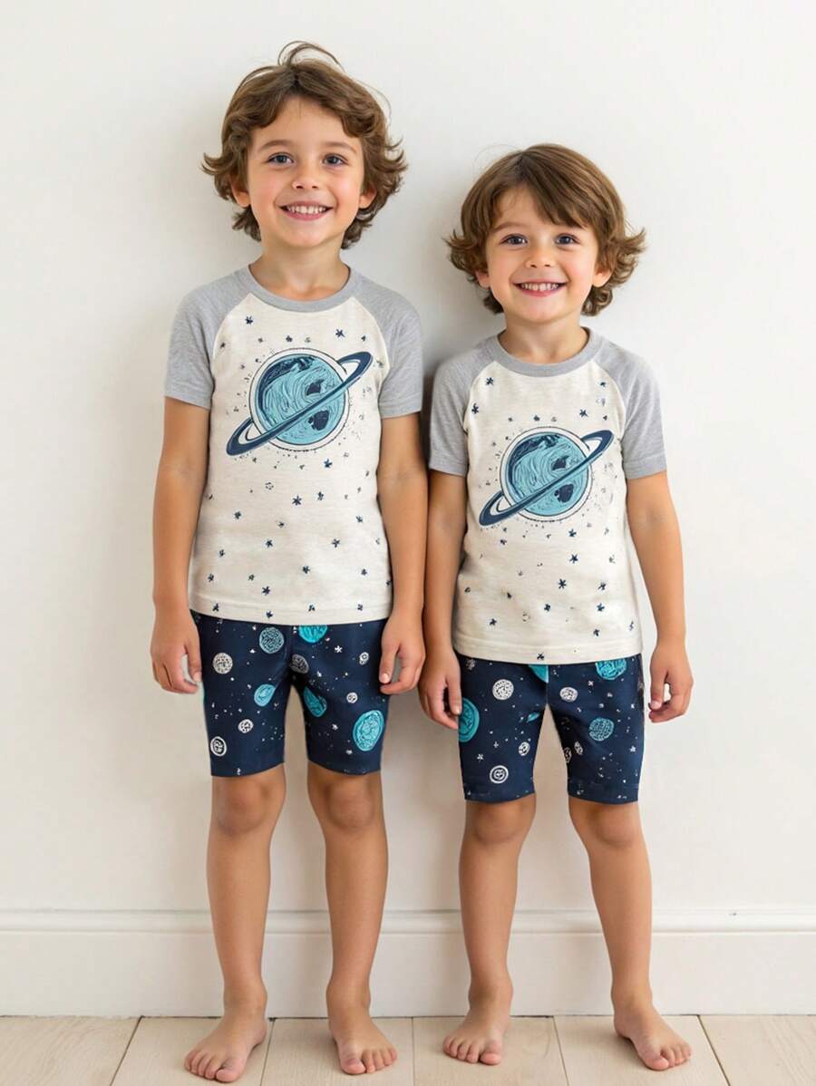 Young Boy Cartoon Space Galaxy Planet Print Soft Comfortable Short Sleeve T-Shirt And Contrasting Color Shorts 2 Pieces Snug Fit Loungewear Set - Blue and White - View 1