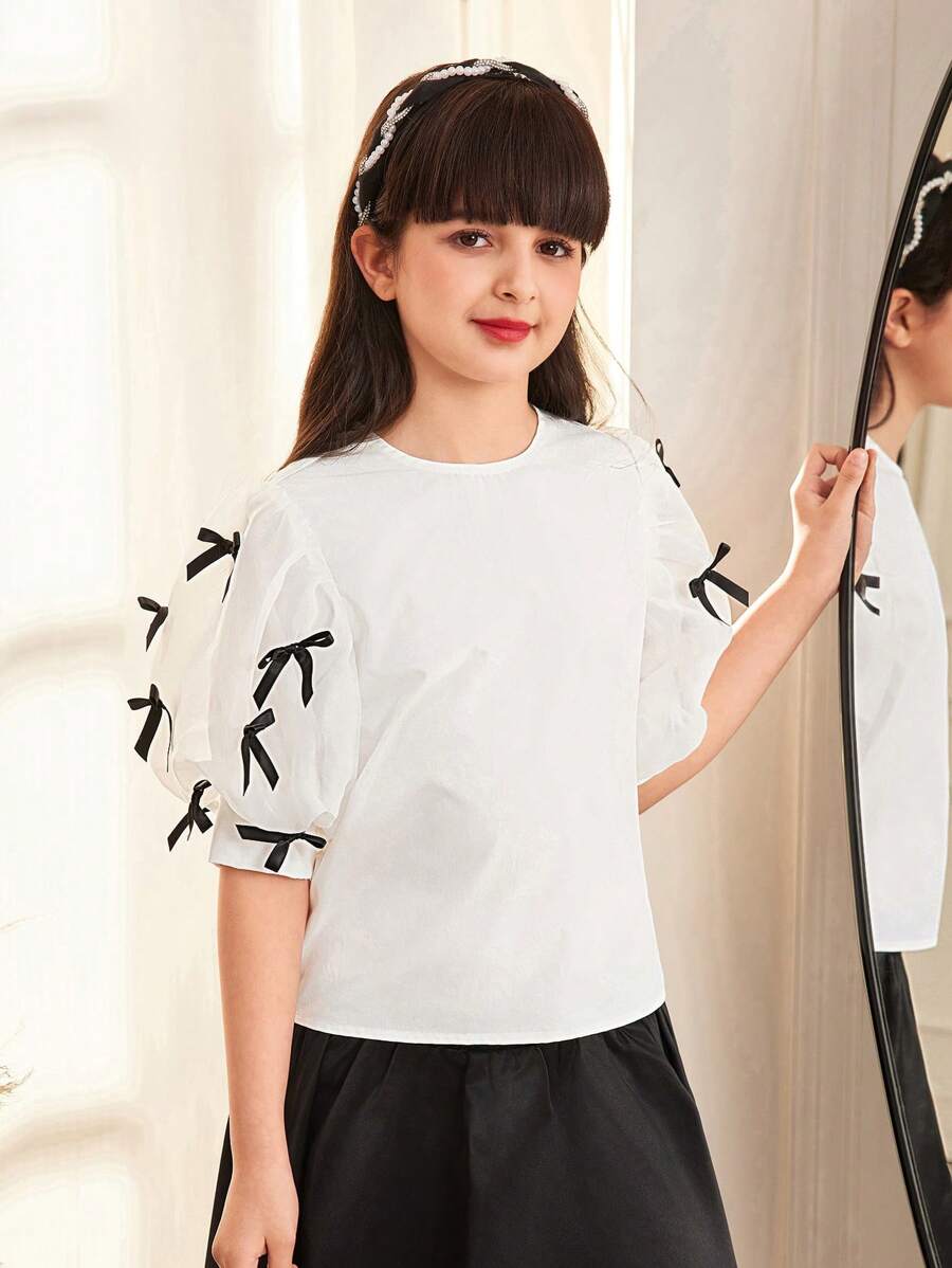SHEIN 少女宽松休闲翻领短款衬衫,带蝴蝶结装饰,甜美 - 撞色蝴蝶结,编织白衬衫 - 白色 - 查看 1