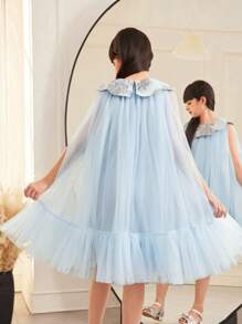 SHEIN Tween Girl Elegant Floral Petal Collar Contrast Mesh Jacquard A-Line Dress - Blue - View 2