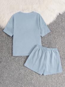 SHEIN Teen Girl's White Ribbed Knit Casual Crew Neck Short Sleeve English Print 2 Pieces Set