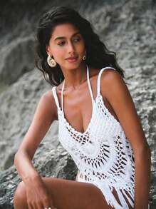 Opulessa Sexy Camisole für den Urlaub mit einfarbigem Hohlsaum und Quaste für Damen