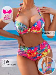 Swim DD+ DD+ Push-Up Underwired Tropical Print Bikini Set For Summer Beach Vacation - Multicolor - View 1