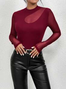 Chiquease Sexy Mesh Splicing Fitted Long Sleeve T-Shirt - Burgundy - View 6