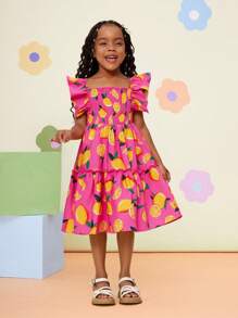 Vestido casual de gasa con cuello con volantes y estampado floral menudo para niña - Rosa Fucsia - Ver 6