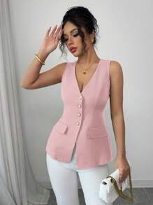 Elenzga Camicia elegante da donna senza maniche e senza colletto, casual e adatta per l'ufficio, di colore unito con scollo a V, decorazioni con bottoni effetto perla, aderente