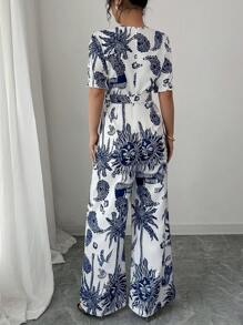 Elenzga Elegant Printed Crew Neck Short Sleeve Jumpsuit For Women