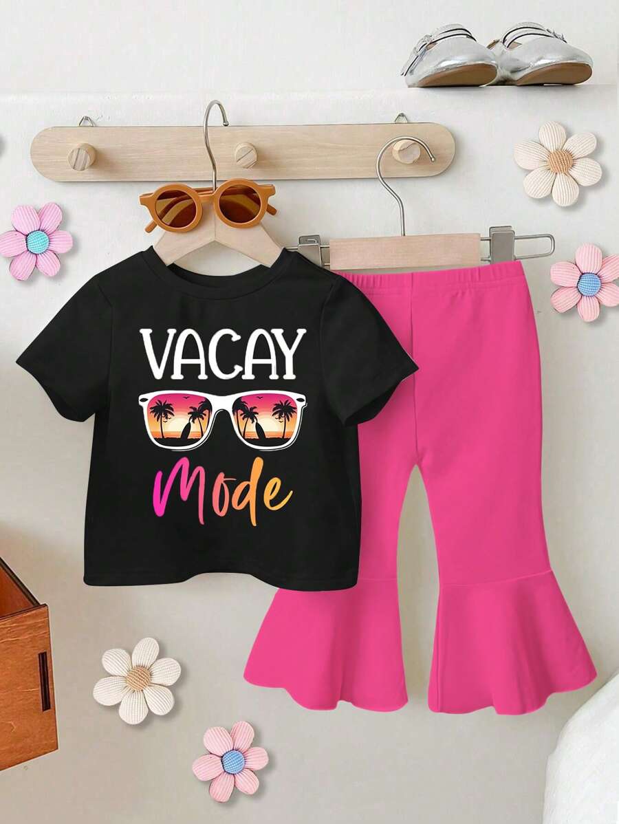 SHEIN Playful Pals Baby Girl Summer Casual Sunglasses And Letter Print Round Neck Short Sleeve T-Shirt And Flared Pants Set - Multicolor - View 1