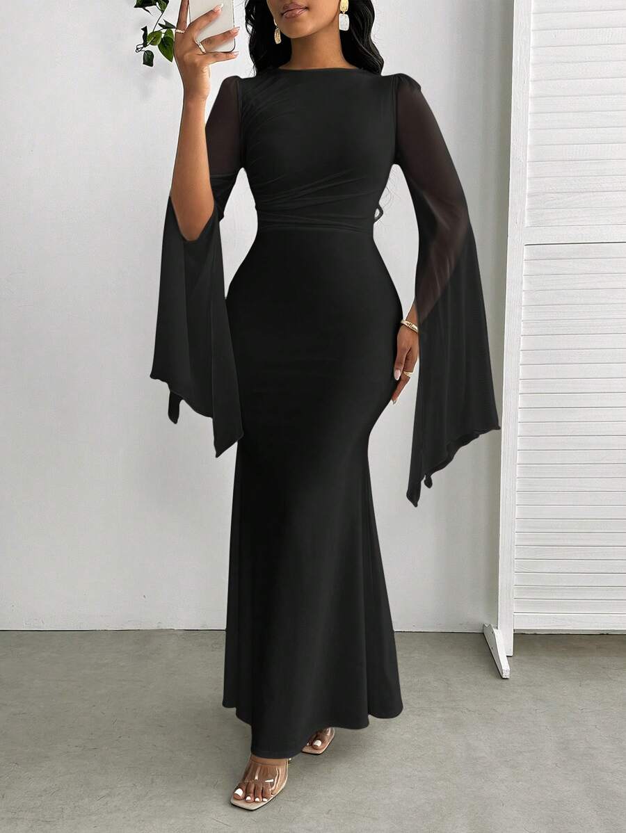 SHEIN Lady Đầm suông dài tay ôm hông phối lưới màu trơn cho nữ, dáng ôm, viền đuôi cá, thanh lịch - màu đen - Xem 1