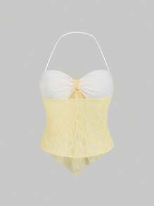 Sweetra Women's Summer Contrast Lace Bow Front Halter Neck Top Y2K 