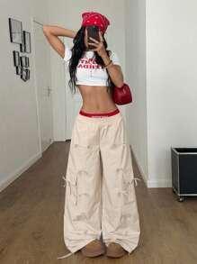 Coolane 女式夏季街头服饰 Y2K 运动休闲 Gyaru Rave 宽松实用口袋阔腿休闲毕业学院风裤带蝴蝶结装饰 - 杏色 - 查看 1