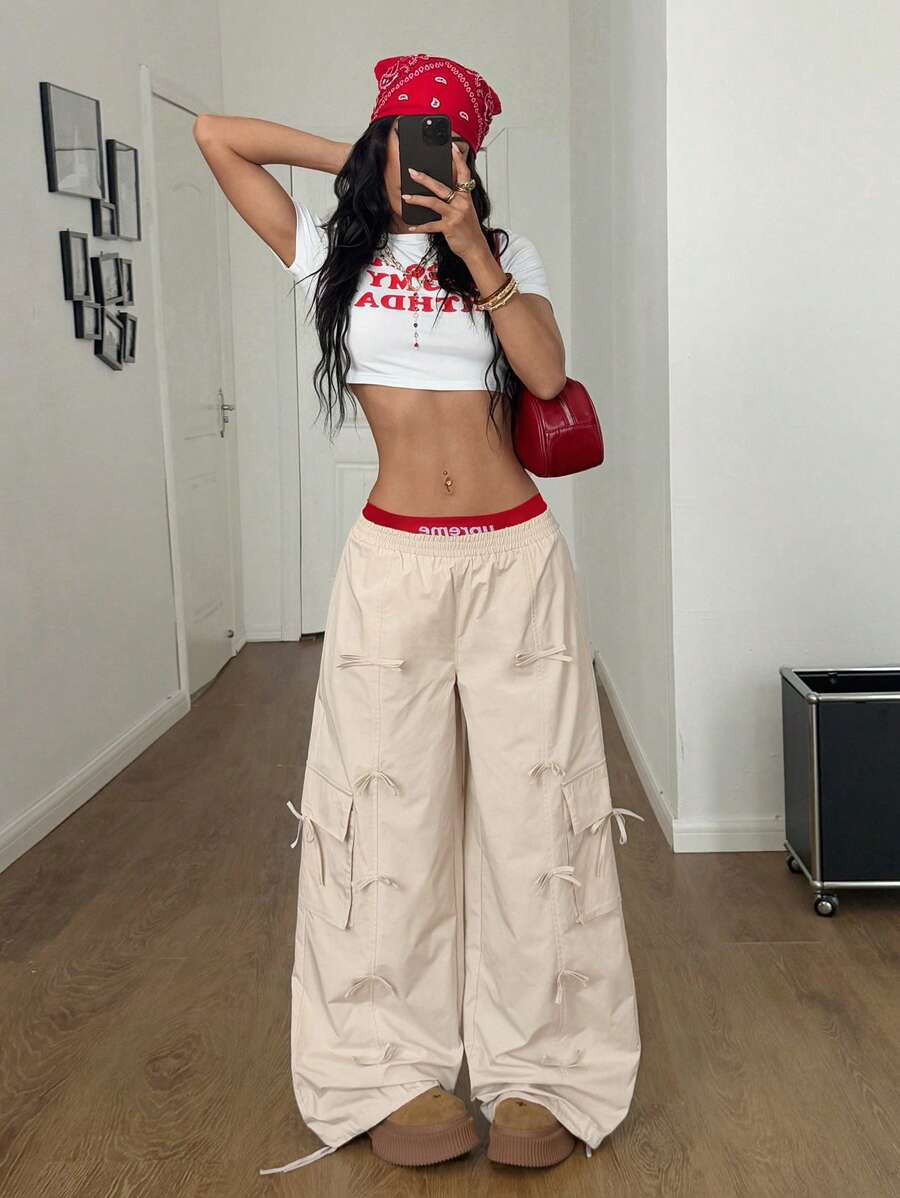 Coolane 女式夏季街头服饰 Y2K 运动休闲 Gyaru Rave 宽松实用口袋阔腿休闲毕业学院风裤带蝴蝶结装饰 - 杏色 - 查看 1